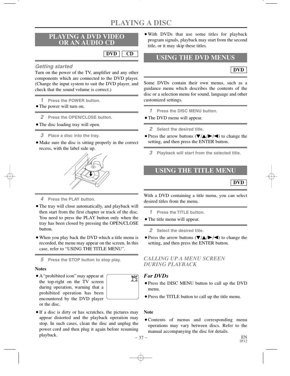 Playing a disc, Using the title menu, Playing a dvd video or an audio cd | Using the dvd menus | Sylvania SSC719B User Manual | Page 37 / 64