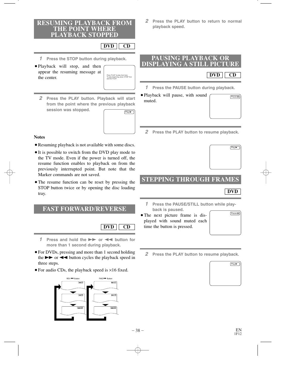 Pausing playback or displaying a still picture, Stepping through frames, Fast forward/reverse | Cd dvd | Sylvania SSC719B User Manual | Page 38 / 64