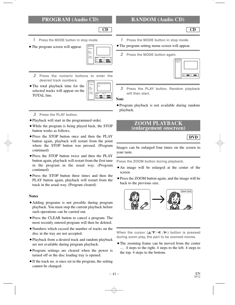 Zoom playback (enlargement onscreen), Program (audio cd), Random (audio cd) | Sylvania SSC719B User Manual | Page 41 / 64