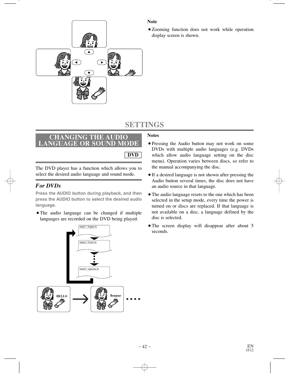 Settings, Changing the audio language or sound mode, For dvds | Sylvania SSC719B User Manual | Page 42 / 64