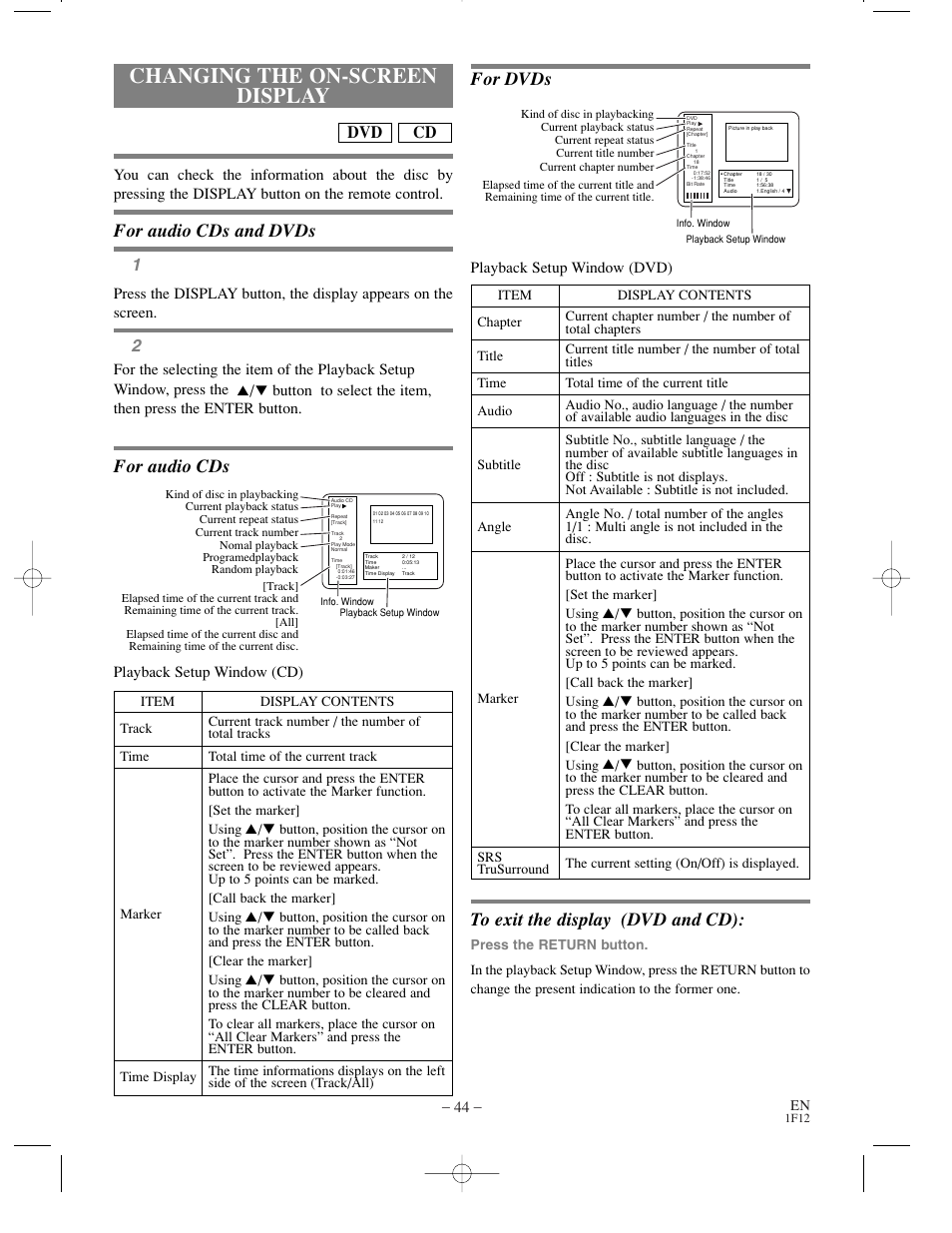 Changing the on-screen display, For dvds, For audio cds and dvds | For audio cds, Cd dvd | Sylvania SSC719B User Manual | Page 44 / 64