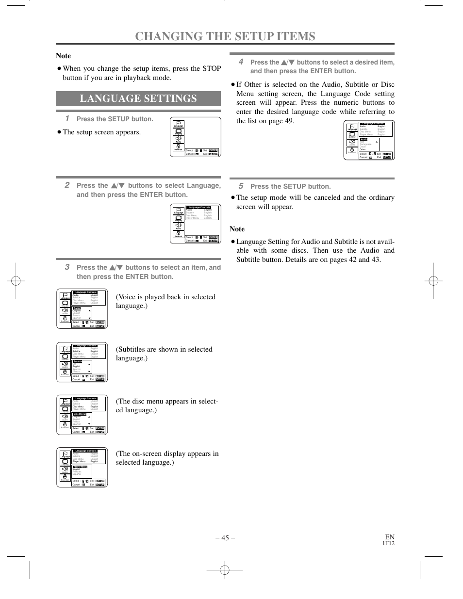 Changing the setup items, Language settings, The setup screen appears | Press the setup button, Press the, 1f12 | Sylvania SSC719B User Manual | Page 45 / 64