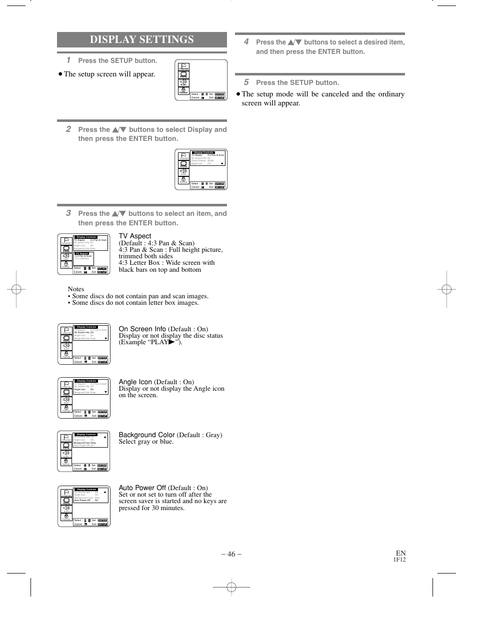 Display settings, The setup screen will appear, Press the | Press the setup button, 1f12 | Sylvania SSC719B User Manual | Page 46 / 64