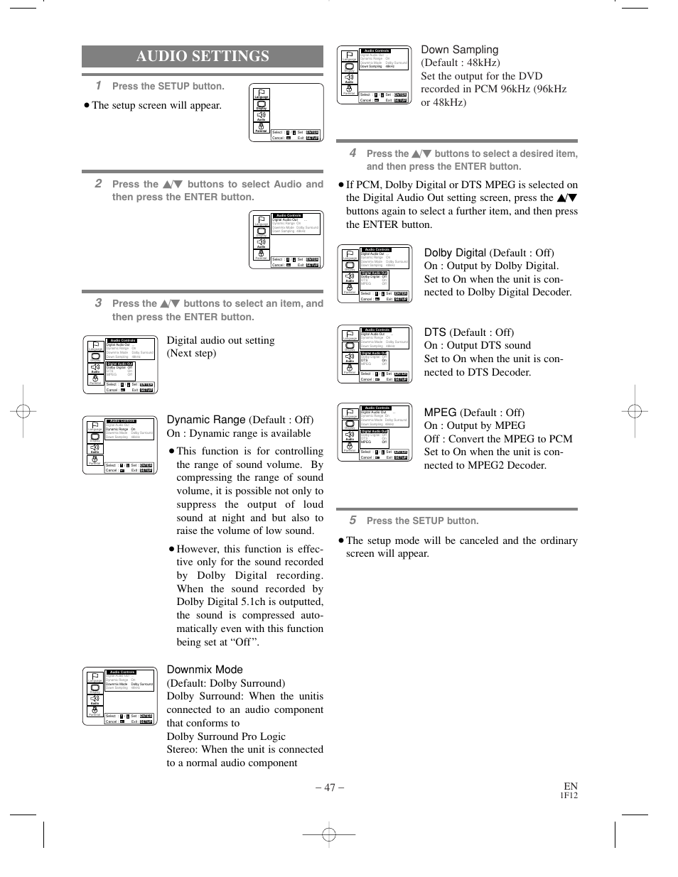Audio settings, The setup screen will appear, Press the | Press the setup button, 1f12 | Sylvania SSC719B User Manual | Page 47 / 64
