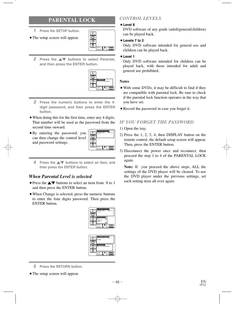 Parental lock, Control levels, If you forget the password | When parental level is selected, Record the password in case you forget it, The setup screen will appear, Level 8, Levels 7 to 2, Level 1, Press the setup button | Sylvania SSC719B User Manual | Page 48 / 64