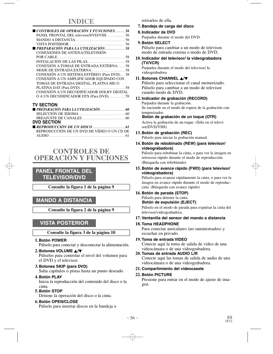 Indice, Controles de operación y funciones | Sylvania SSC719B User Manual | Page 56 / 64