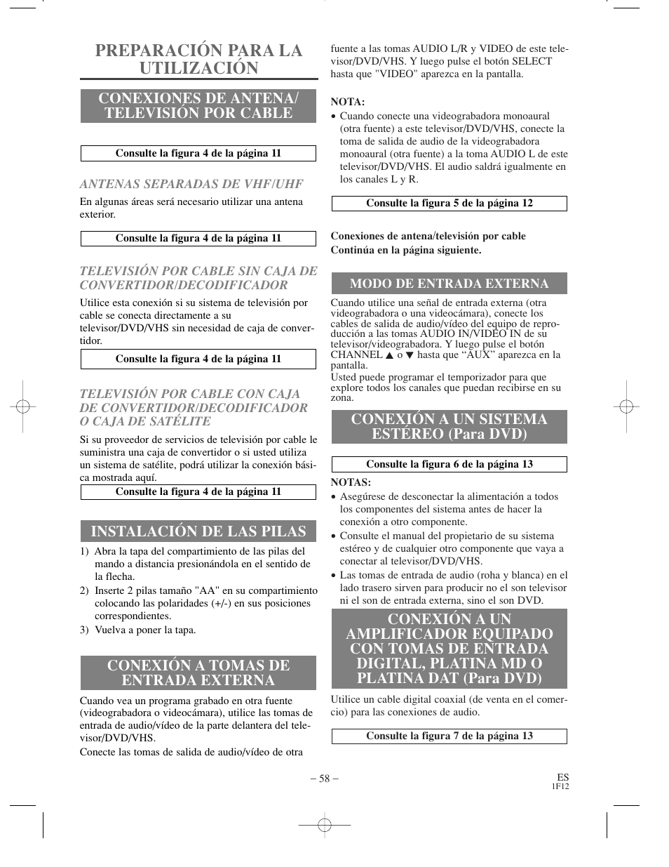 Preparación para la utilización, Conexión a un sistema estéreo (para dvd), Conexiones de antena/ televisión por cable | Sylvania SSC719B User Manual | Page 58 / 64