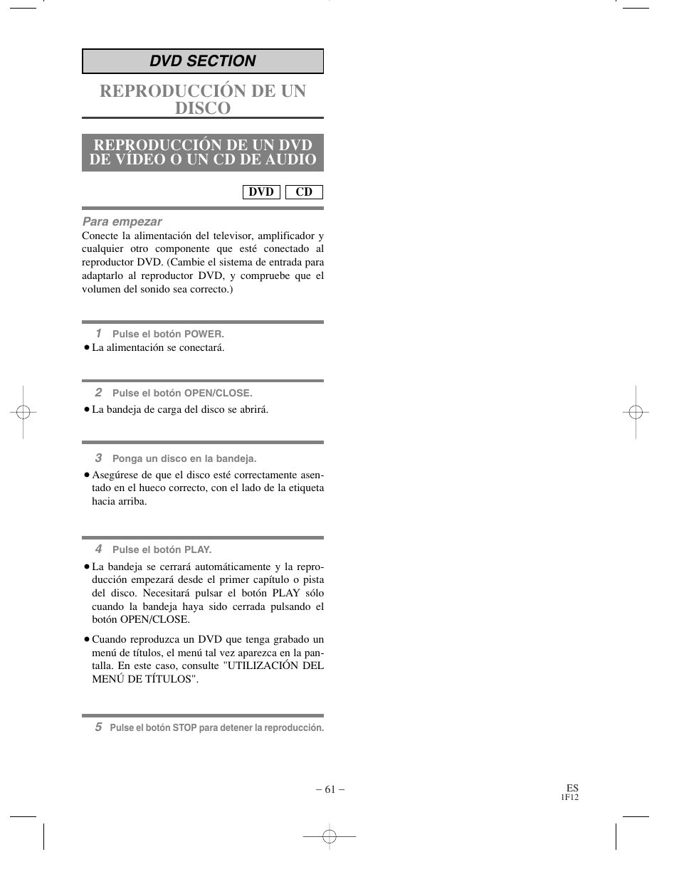 Reproducción de un disco, Reproducción de un dvd de vídeo o un cd de audio | Sylvania SSC719B User Manual | Page 61 / 64