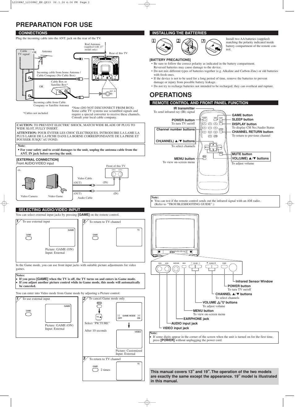 Preparation for use, Operations | Sylvania 6413TG User Manual | Page 2 / 8