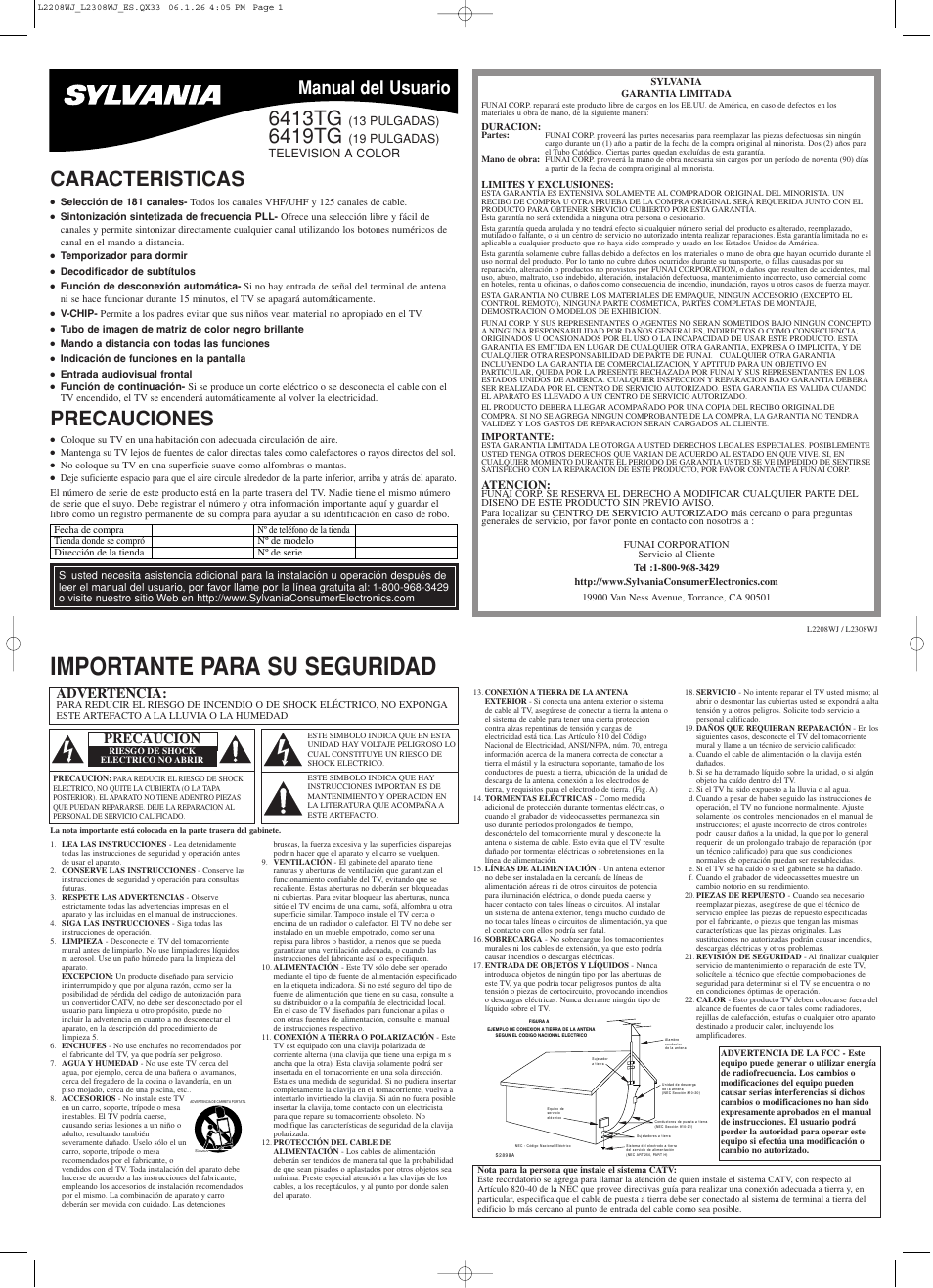 L2208wj_l2308wj(es)_film_v1.pdf, Importante para su seguridad, Caracteristicas | 6413tg, 6419tg, Precauciones, Manual del usuario, Advertencia, Precaucion | Sylvania 6413TG User Manual | Page 5 / 8