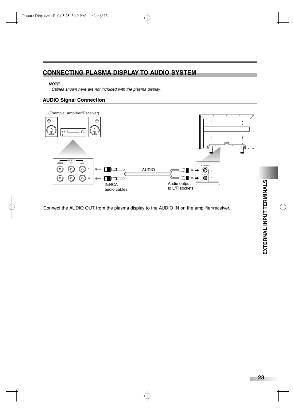 Connecting plasma display to audio system, External input terminals, Audio signal connection | Sylvania SRPD442 User Manual | Page 23 / 32