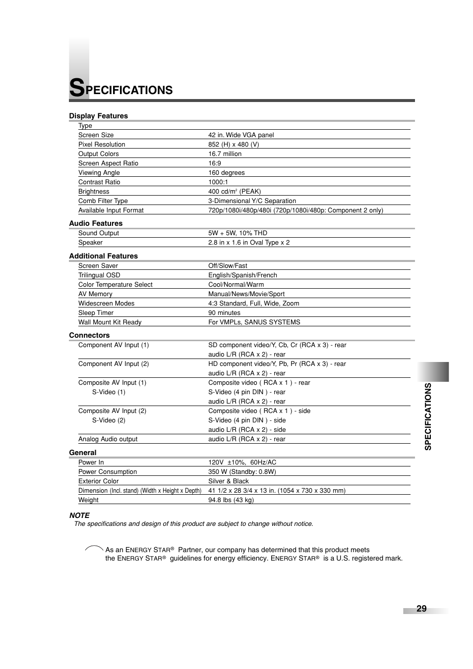 Pecifications | Sylvania SRPD442 User Manual | Page 29 / 32