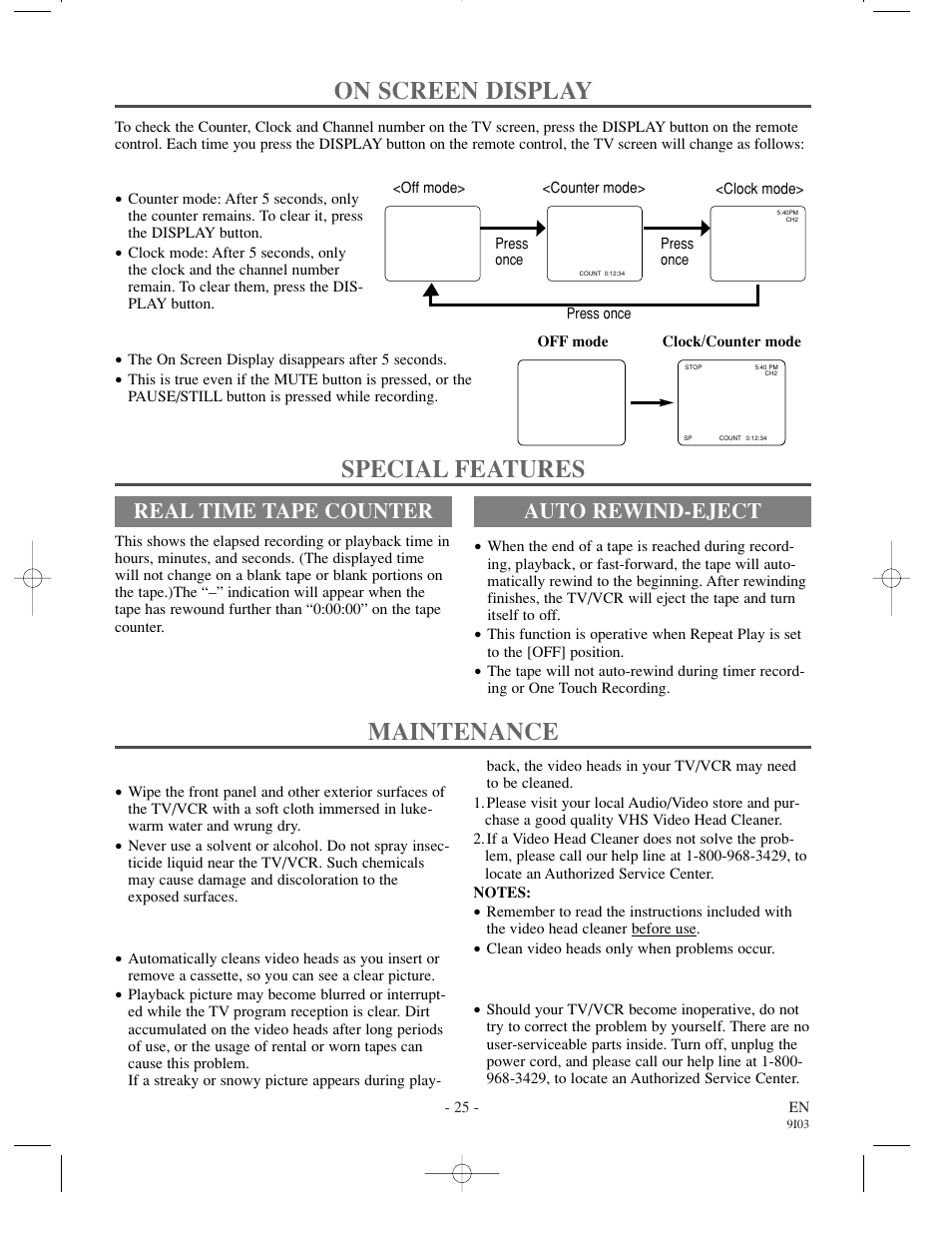 Maintenance, On screen display, Special features | Real time tape counter, Auto rewind-eject | Sylvania WSSC192 User Manual | Page 25 / 32