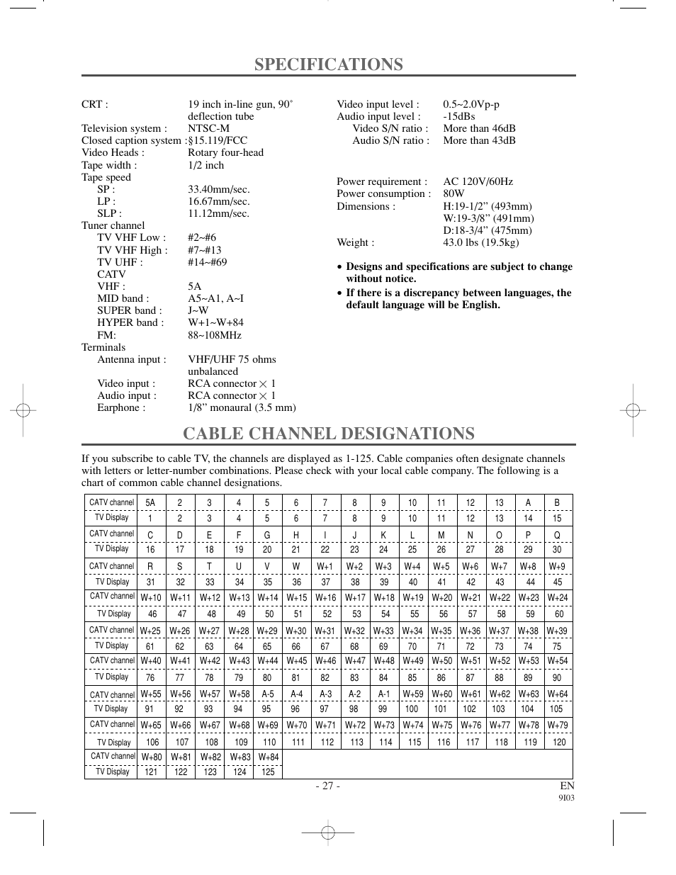 Specifications, Cable channel designations, General specifications | Electrical specifications, Other specifications | Sylvania WSSC192 User Manual | Page 27 / 32