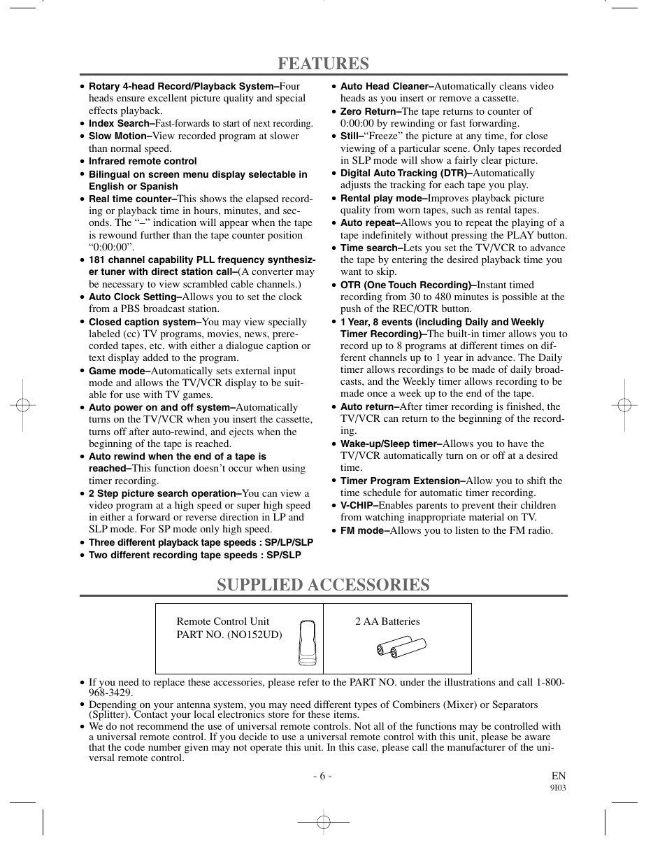 Features, Supplied accessories | Sylvania WSSC192 User Manual | Page 6 / 32
