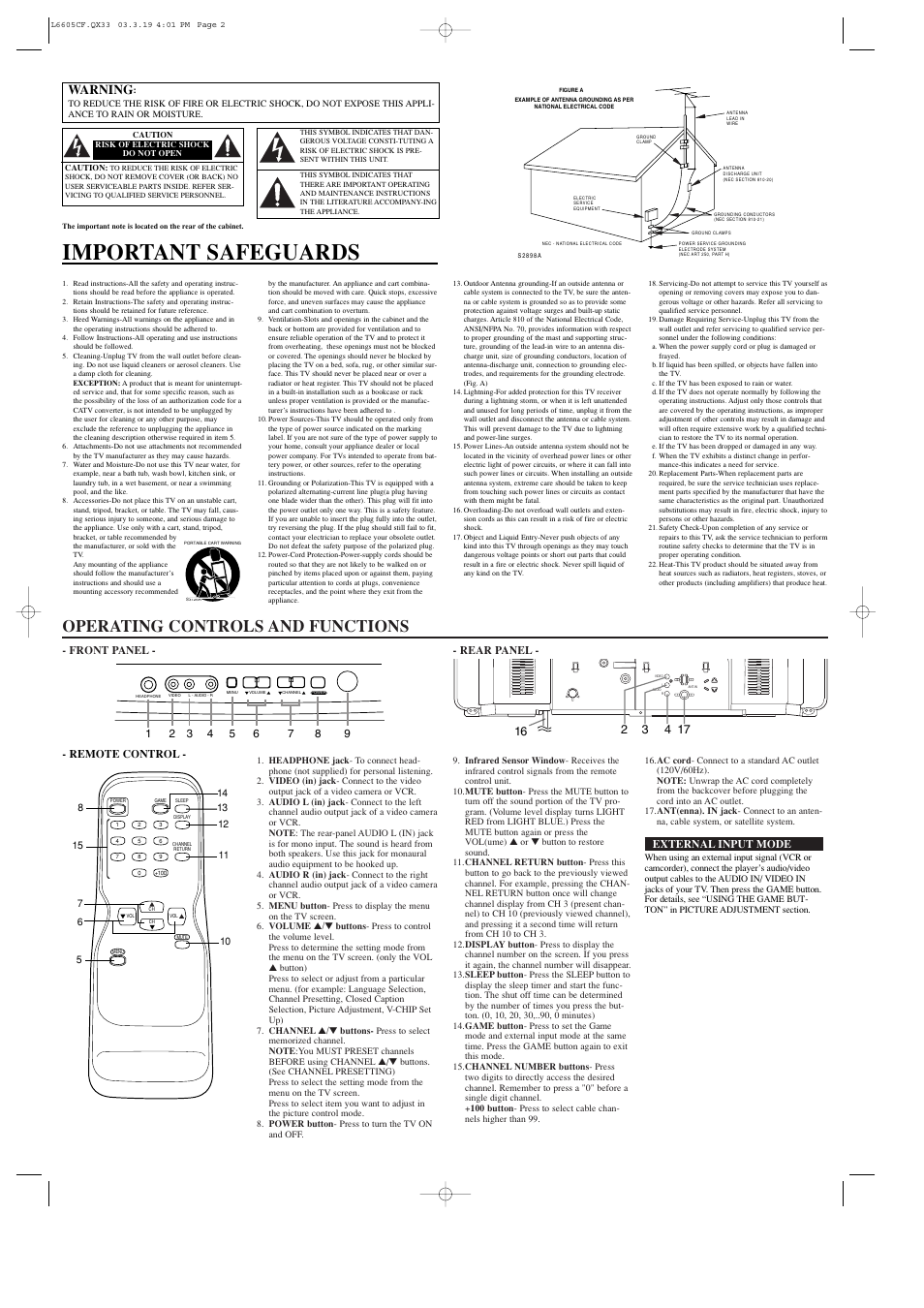 Important safeguards, Operating controls and functions, Warning | Sylvania RSDCT2703R User Manual | Page 2 / 4