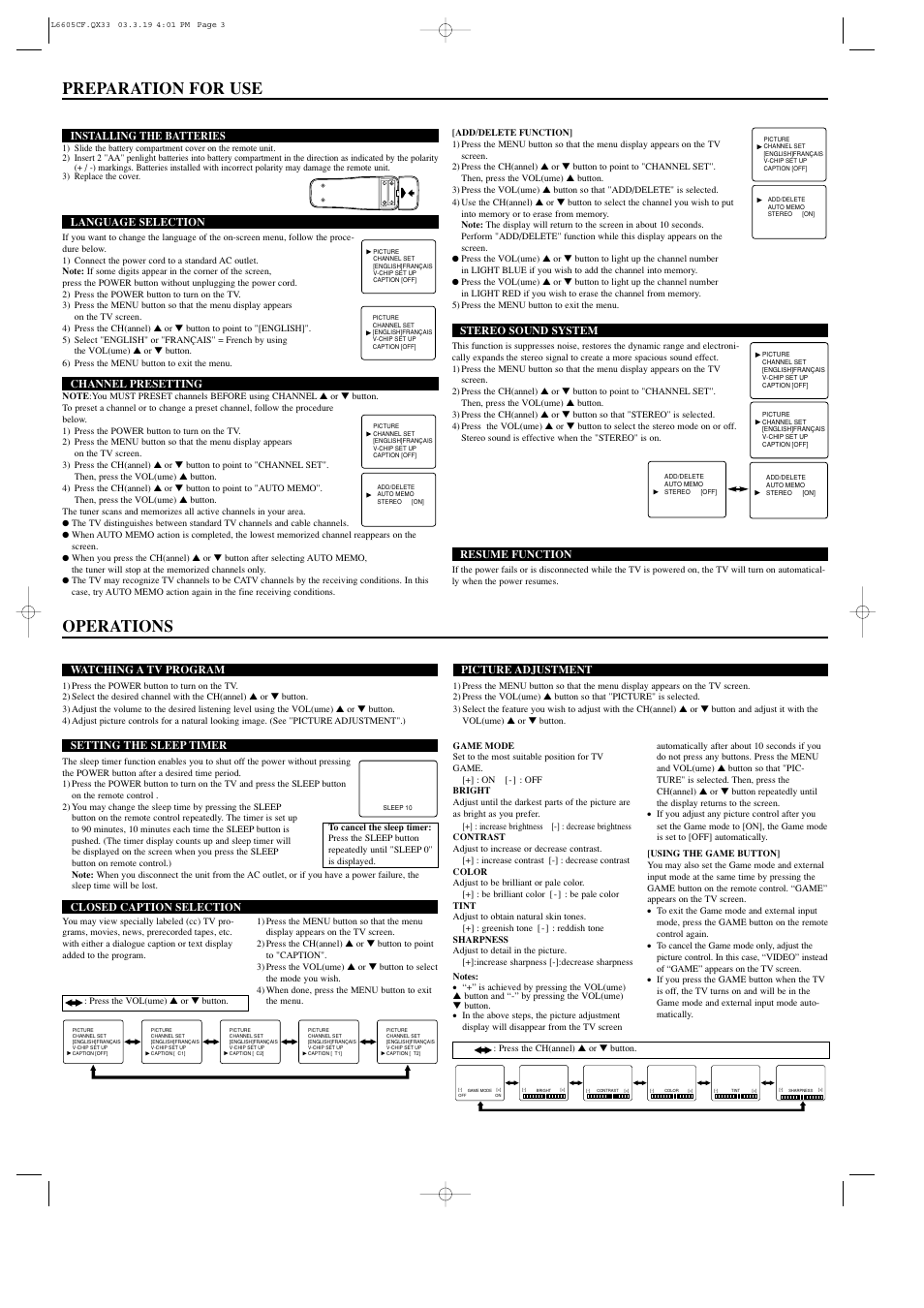 Preparation for use operations | Sylvania RSDCT2703R User Manual | Page 3 / 4