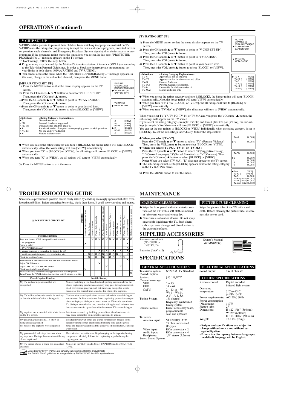 Specifications operations (continued), Troubleshooting guide, Maintenance | Supplied accessories, Owner’s manual | Sylvania RSDCT2703R User Manual | Page 4 / 4