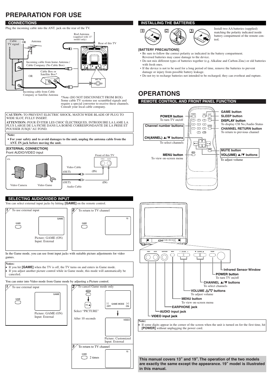 Preparation for use, Operations, Connections | Remote control and front panel function, X/ y y, Installing the batteries, 21 3 selecting audio/video input | Sylvania 6413TEY User Manual | Page 2 / 8