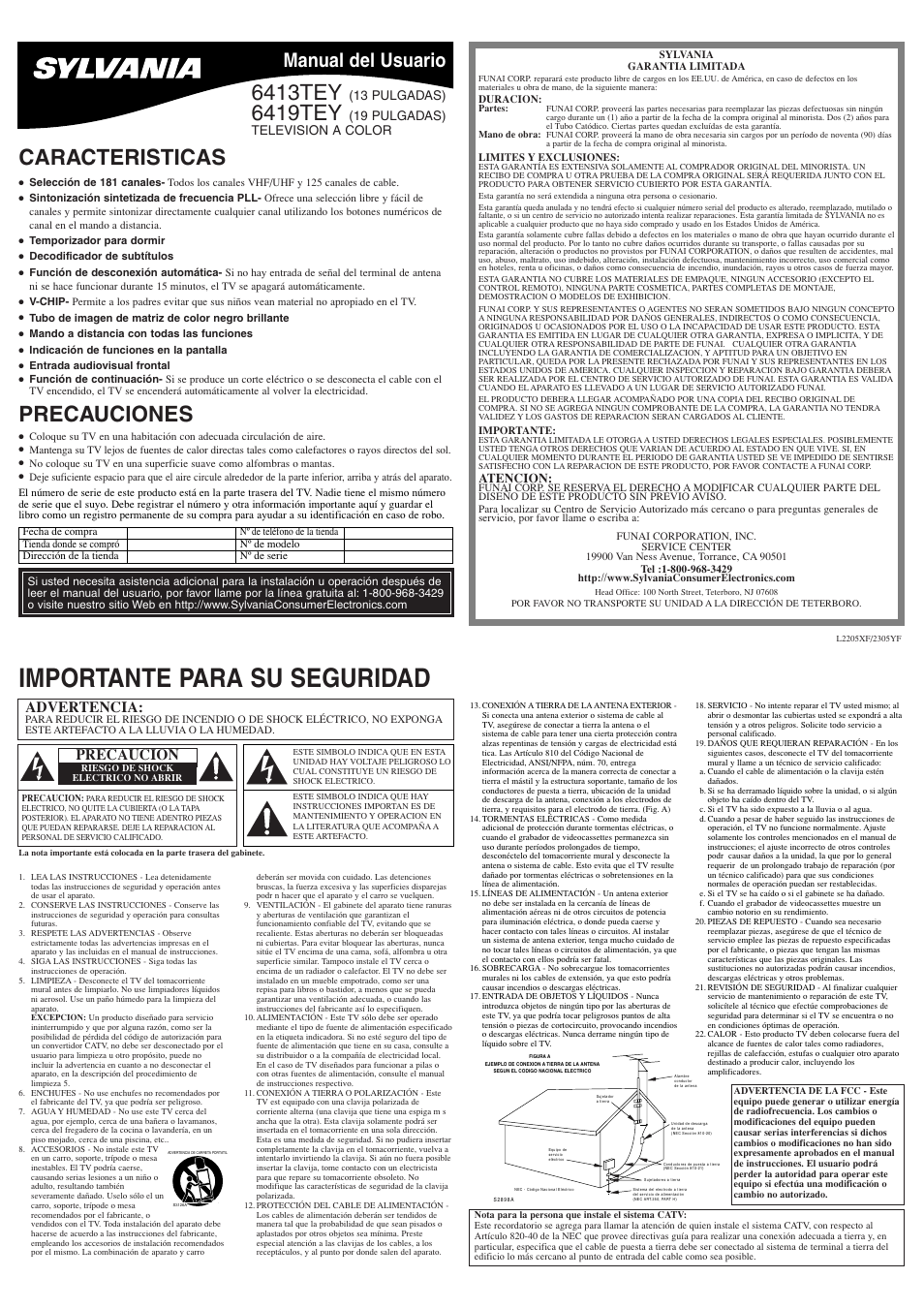 Importante para su seguridad, Caracteristicas, 6413tey | 6419tey, Precauciones, Manual del usuario, Advertencia, Precaucion, 13 pulgadas), 19 pulgadas) television a color | Sylvania 6413TEY User Manual | Page 5 / 8