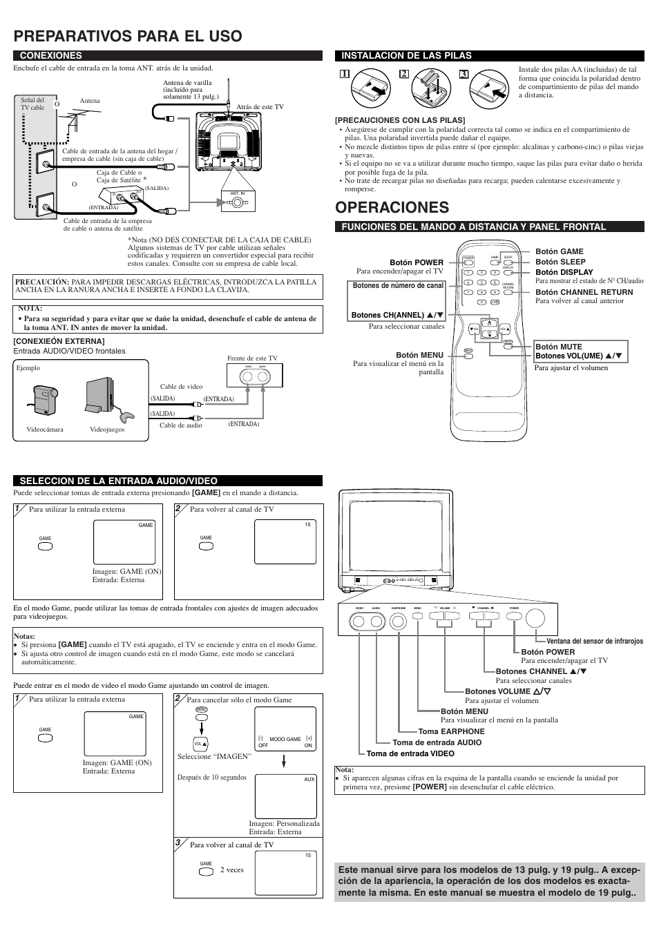 Preparativos para el uso, Operaciones, Conexiones | Funciones del mando a distancia y panel frontal, X/ y y, Instalacion de las pilas, 21 3 seleccion de la entrada audio/video | Sylvania 6413TEY User Manual | Page 6 / 8