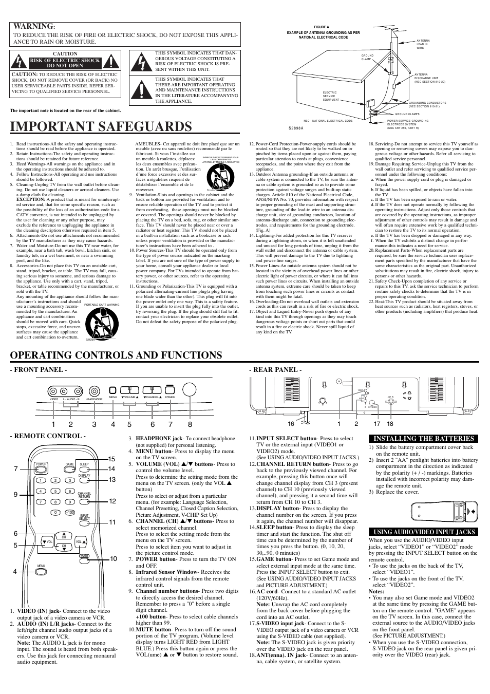 Important safeguards, Operating controls and functions, Warning | Front panel - - rear panel, Remote control, Installing the batteries, Using audio/video input jacks | Sylvania SST4274S User Manual | Page 2 / 8