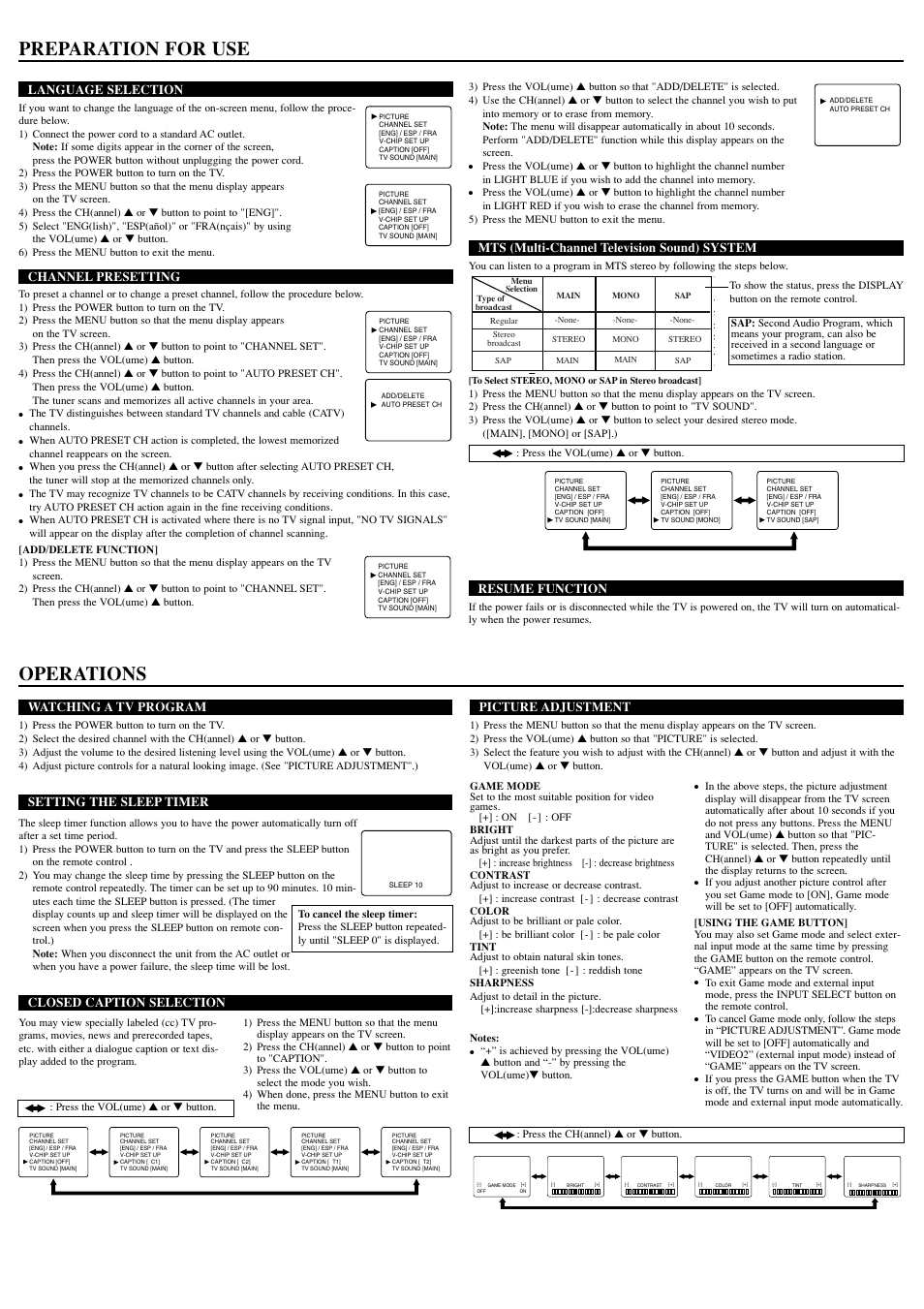 Preparation for use, Operations, Watching a tv program | Setting the sleep timer, Closed caption selection, Picture adjustment, Language selection, Channel presetting, Mts (multi-channel television sound) system, Resume function | Sylvania SST4274S User Manual | Page 3 / 8