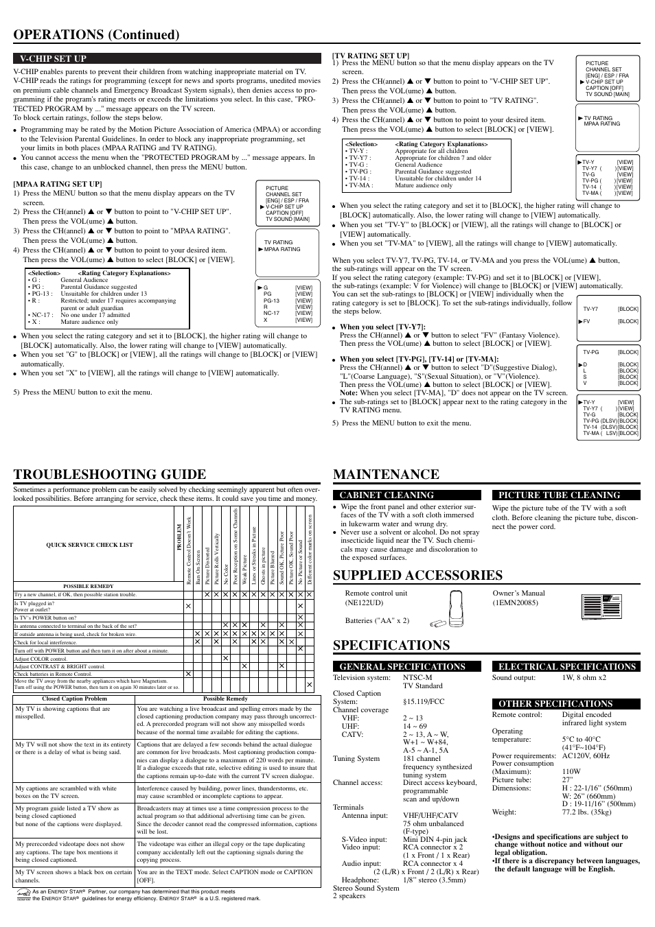 Owner’s manual, V-chip set up, General specifications | Electrical specifications, Other specifications, Cabinet cleaning, Picture tube cleaning | Sylvania SST4274S User Manual | Page 4 / 8