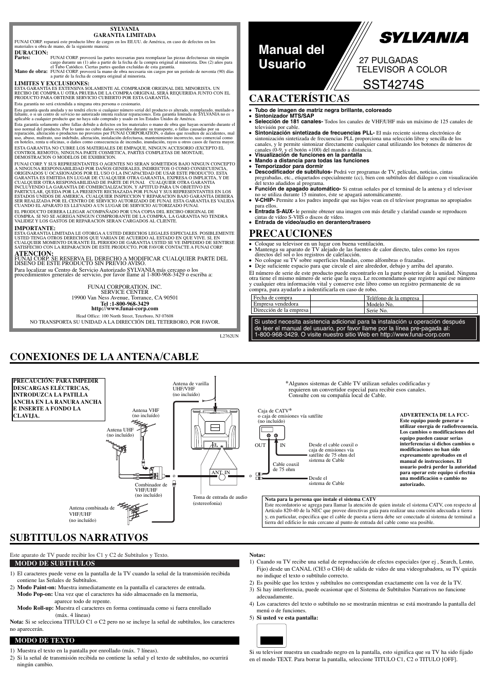 Manual del usuario, Sst4274s, Conexiones de la antena/cable precauciones | Características, Subtitulos narrativos, 27 pulgadas televisor a color | Sylvania SST4274S User Manual | Page 5 / 8