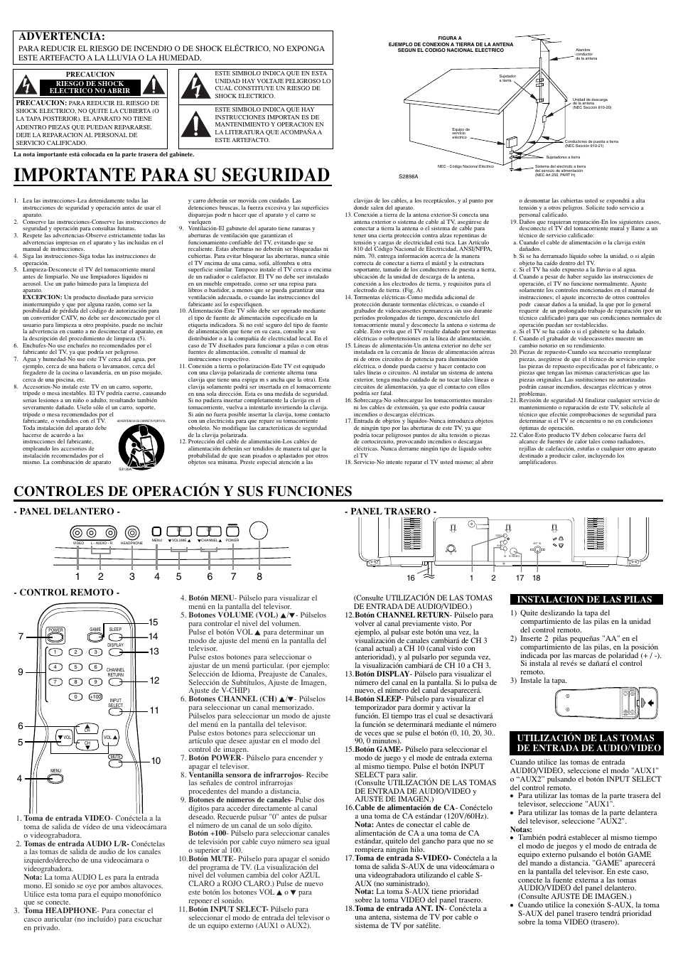 Importante para su seguridad, Controles de operación y sus funciones, Advertencia | Panel delantero - - panel trasero, Control remoto - instalacion de las pilas, Utilización de las tomas de entrada de audio/video | Sylvania SST4274S User Manual | Page 6 / 8