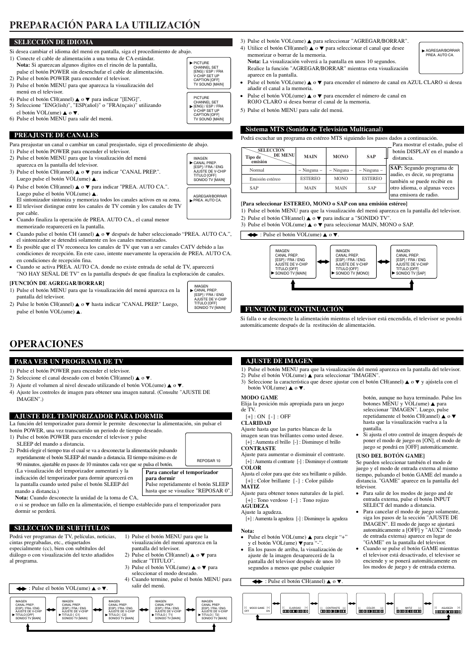 Preparación para la utilización, Operaciones, Selección de idioma | Preajuste de canales, Para ver un programa de tv, Ajuste del temporizador para dormir, Selección de subtítulos, Ajuste de imagen, Sistema mts (sonido de televisión multicanal) | Sylvania SST4274S User Manual | Page 7 / 8