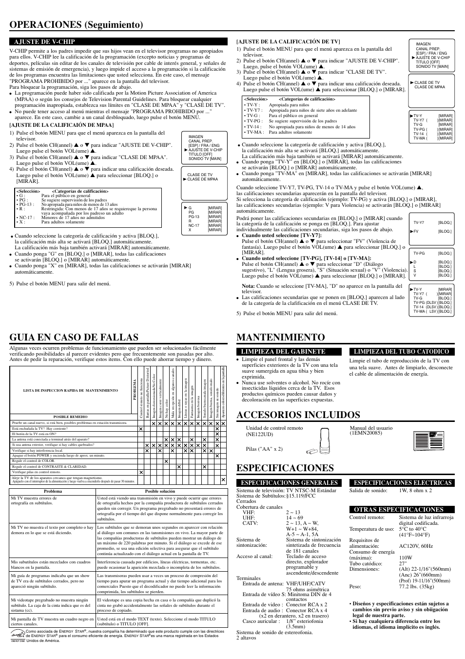 Especificaciones, Operaciones (seguimiento), Owner’s manual | Especificaciones generales, Especificaciones electricas, Otras especificaciones, Limpieza del gabinete, Limpieza del tubo catodico, Ajuste de v-chip | Sylvania SST4274S User Manual | Page 8 / 8