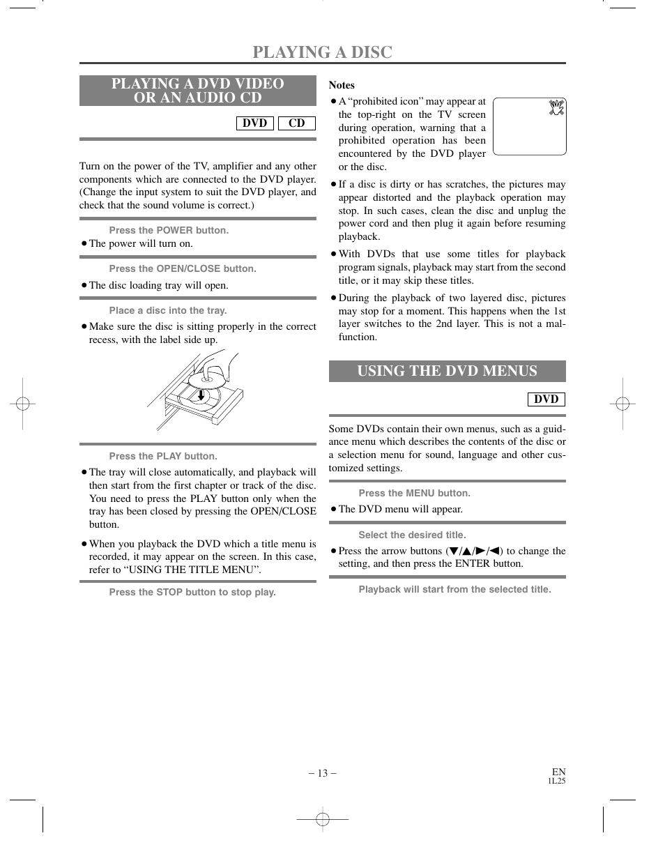 Playing a disc, Playing a dvd video or an audio cd, Using the dvd menus | Sylvania DVL100C User Manual | Page 13 / 36