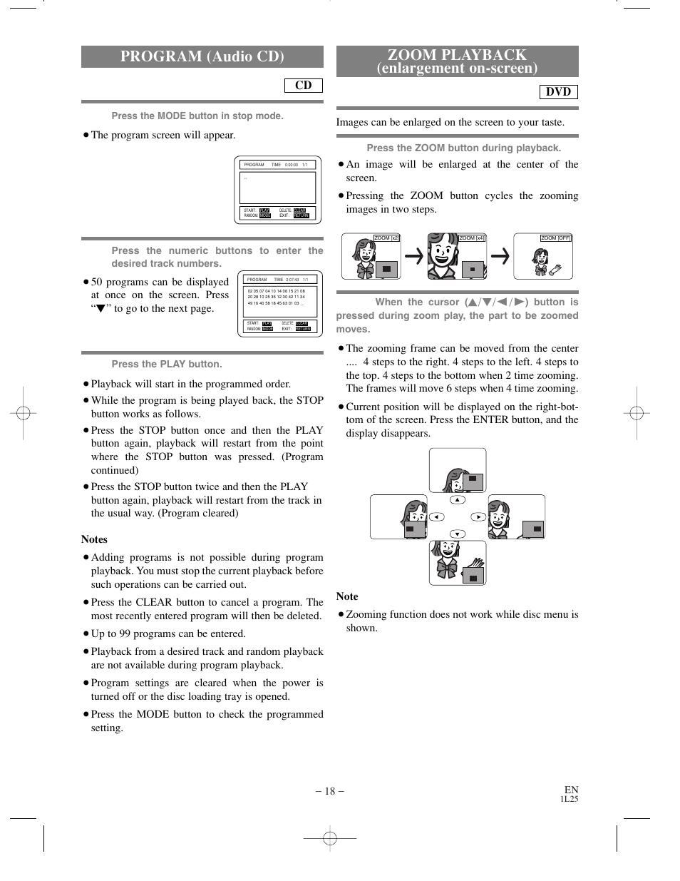 Program (audio cd), Zoom playback (enlargement on-screen) | Sylvania DVL100C User Manual | Page 18 / 36