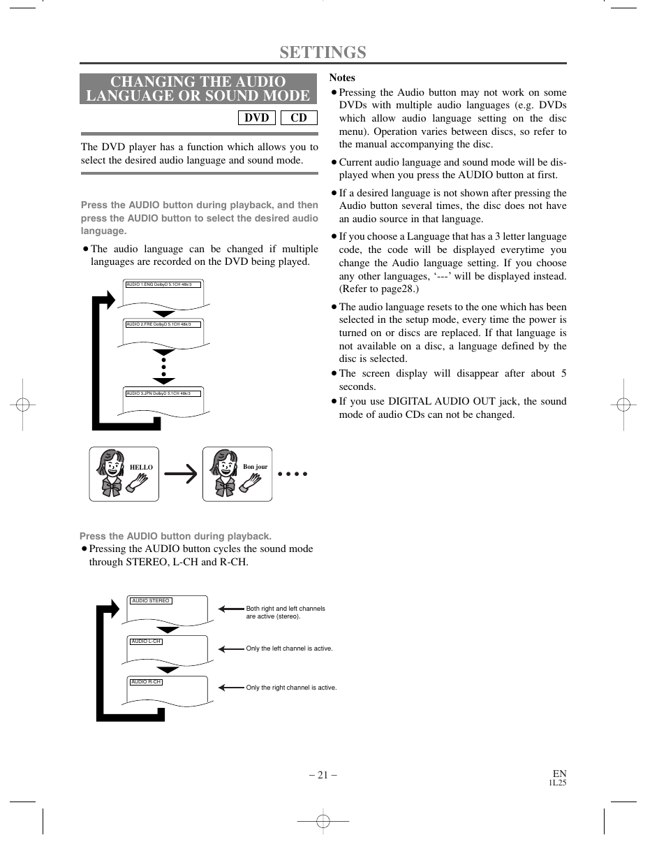 Settings, Changing the audio language or sound mode, For dvds | For audio cds, Cd dvd | Sylvania DVL100C User Manual | Page 21 / 36