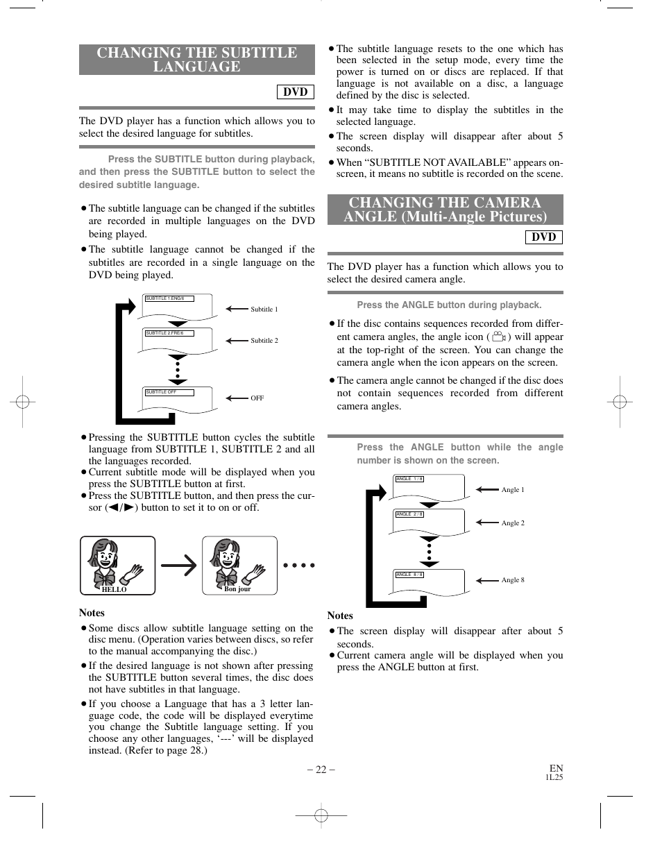 Changing the camera angle (multi-angle pictures), Changing the subtitle language | Sylvania DVL100C User Manual | Page 22 / 36