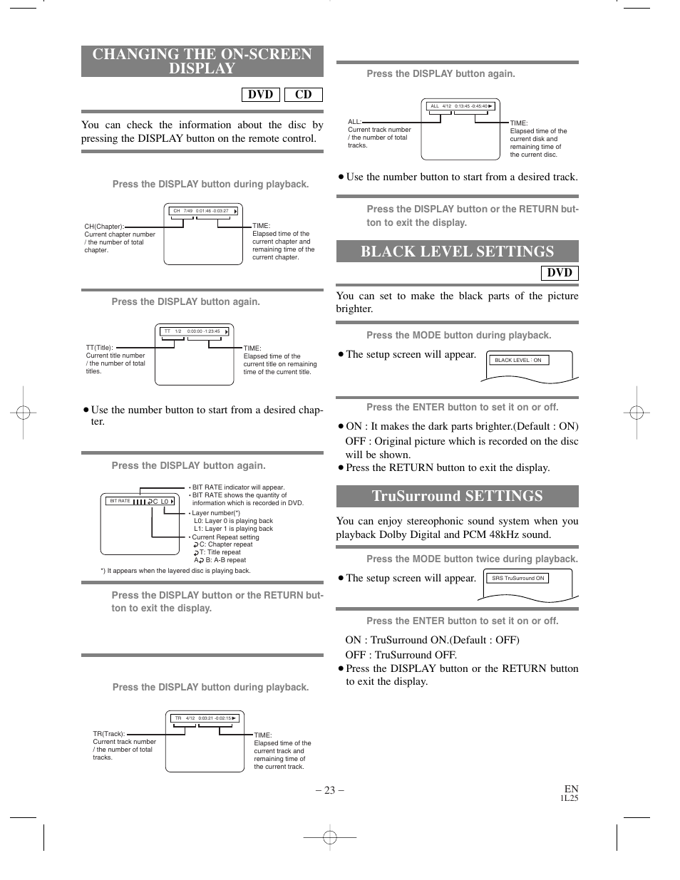 Changing the on-screen display, Black level settings, Trusurround settings | For dvds, For audio cds | Sylvania DVL100C User Manual | Page 23 / 36