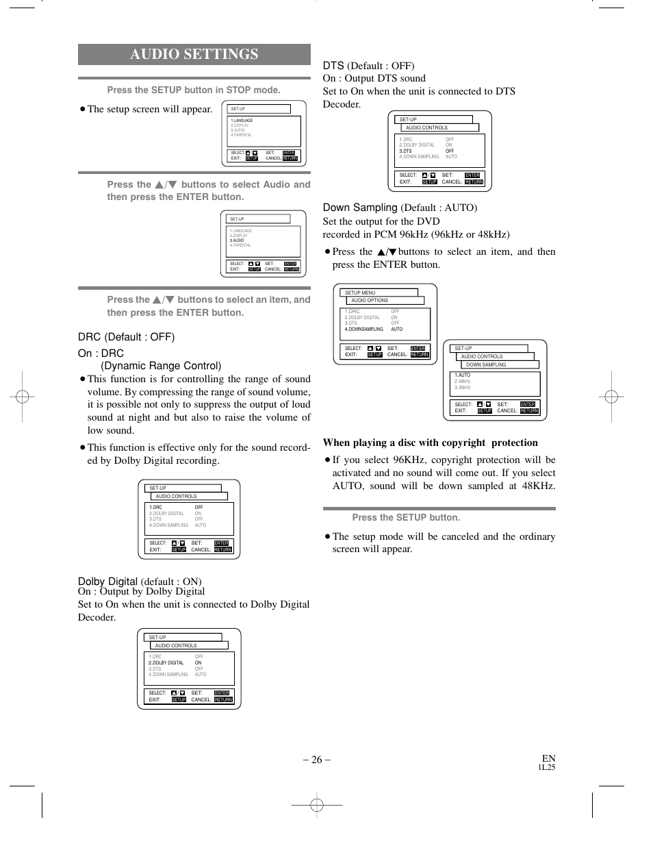 Audio settings, The setup screen will appear, Press the setup button in stop mode | Press the, Press the setup button | Sylvania DVL100C User Manual | Page 26 / 36