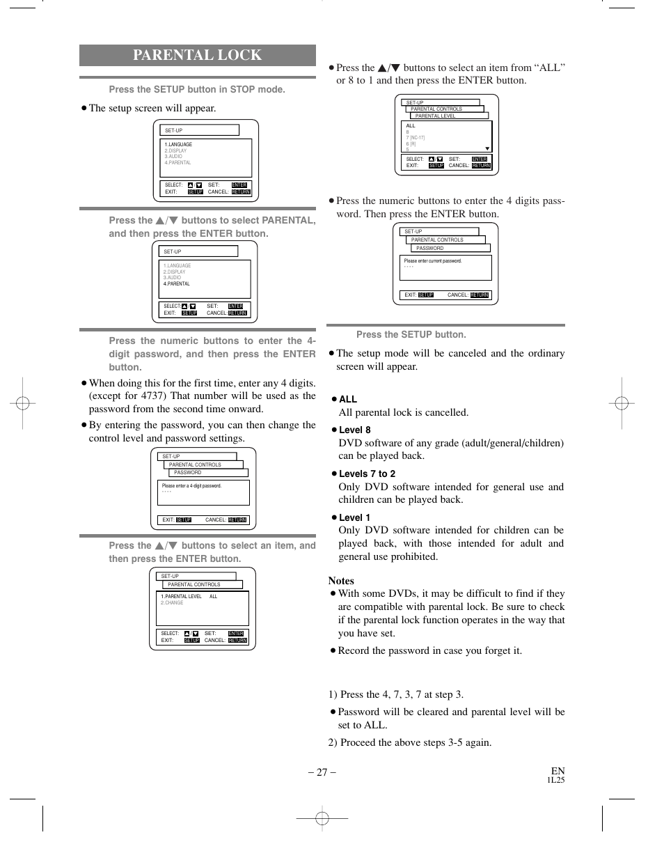 Parental lock, When “parental level” is selected, When “change” is selected | Control levels, If you forget the password, Press the, All parental lock is cancelled, The setup screen will appear, Record the password in case you forget it | Sylvania DVL100C User Manual | Page 27 / 36