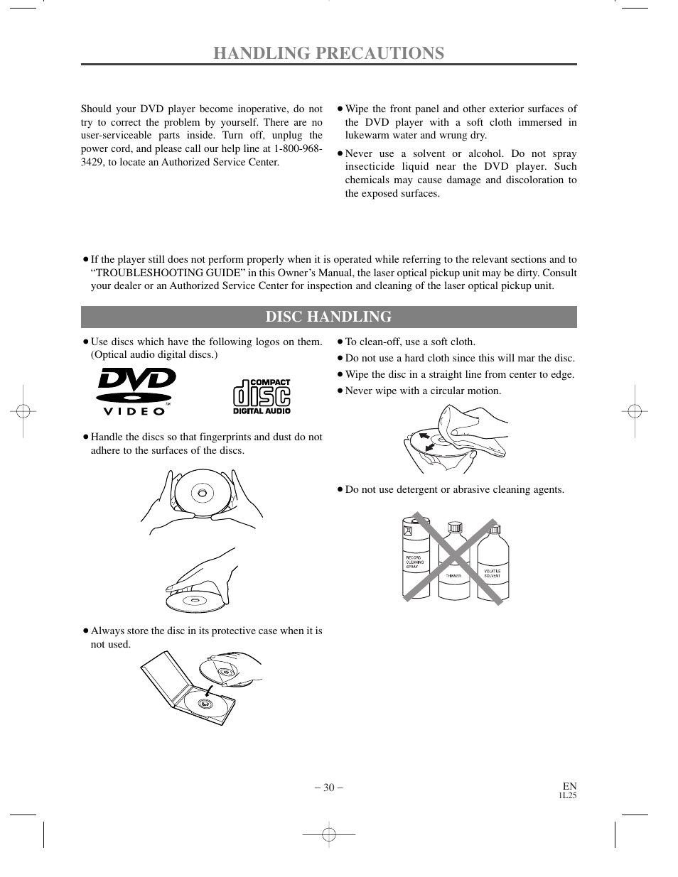 Handling precautions, Disc handling | Sylvania DVL100C User Manual | Page 30 / 36