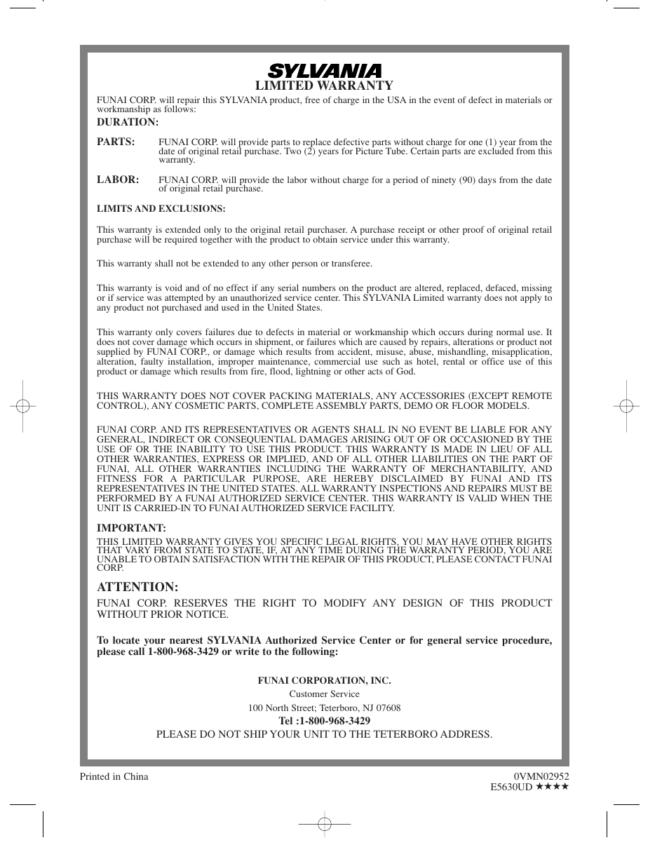 Limited warranty, Attention | Sylvania DVL100C User Manual | Page 36 / 36
