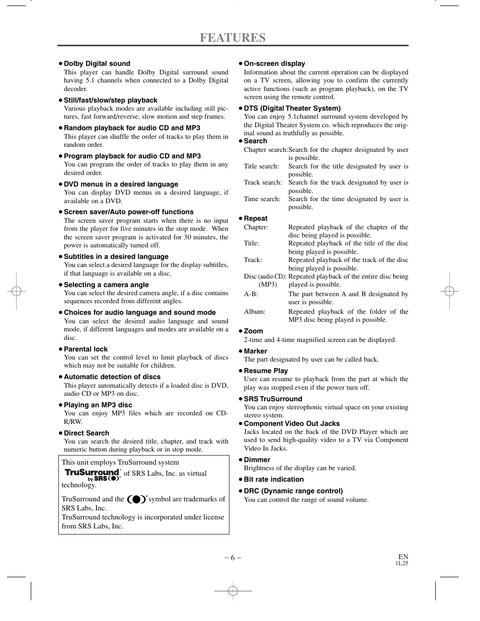 Features | Sylvania DVL100C User Manual | Page 6 / 36