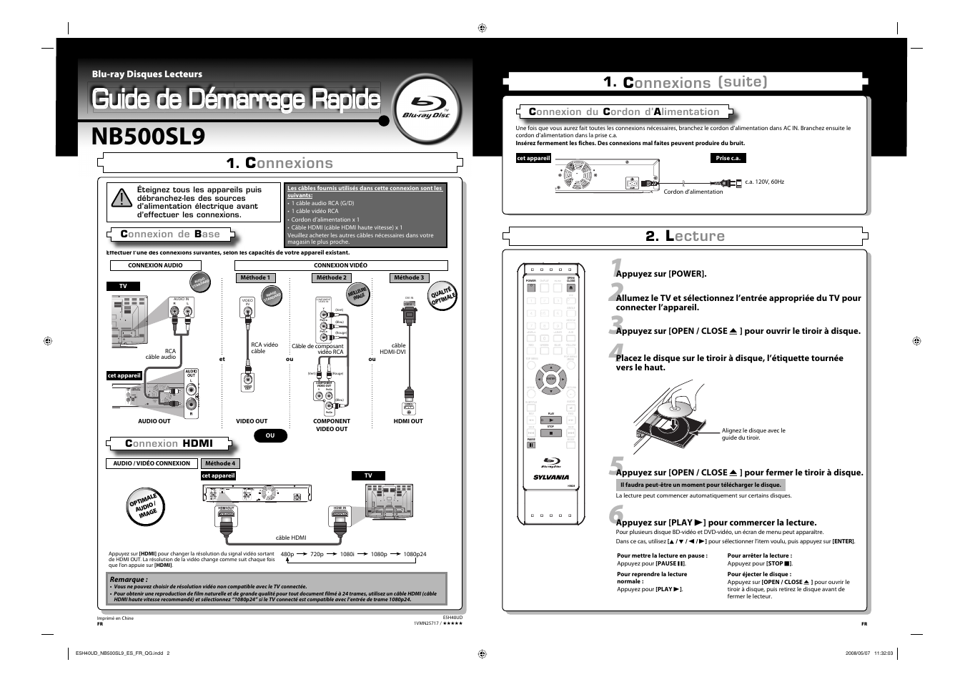 Guide de démarrage rapide, Nb500sl9, Connexions | Connexions (suite), Lecture, Connexion hdmi, Connexion du c ordon d’ a limentation, Blu-ray disques lecteurs, Connexion de b ase, Appuyez sur [power | Sylvania NB500SL9 User Manual | Page 101 / 148