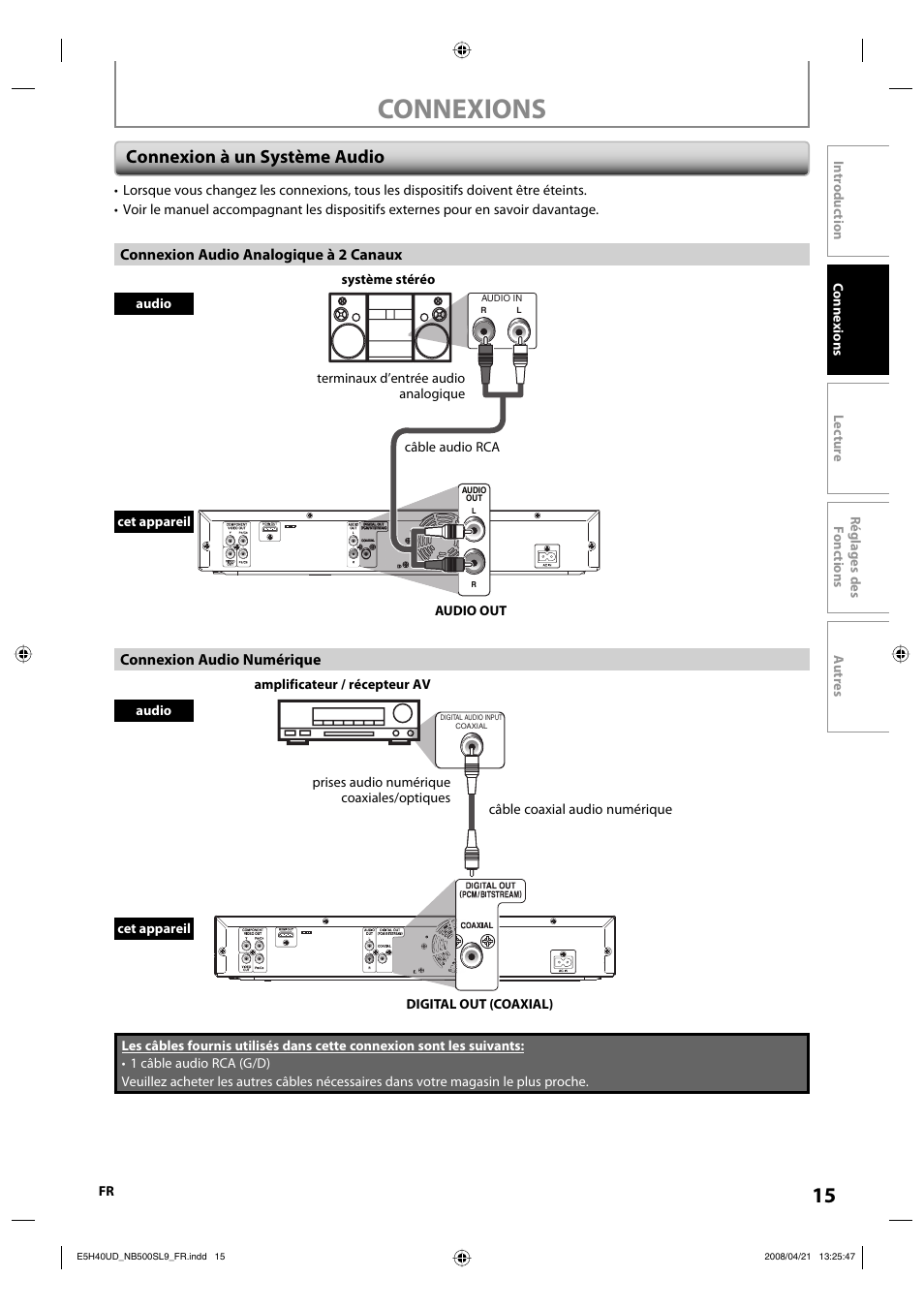 Connexions, Connexion à un système audio | Sylvania NB500SL9 User Manual | Page 115 / 148