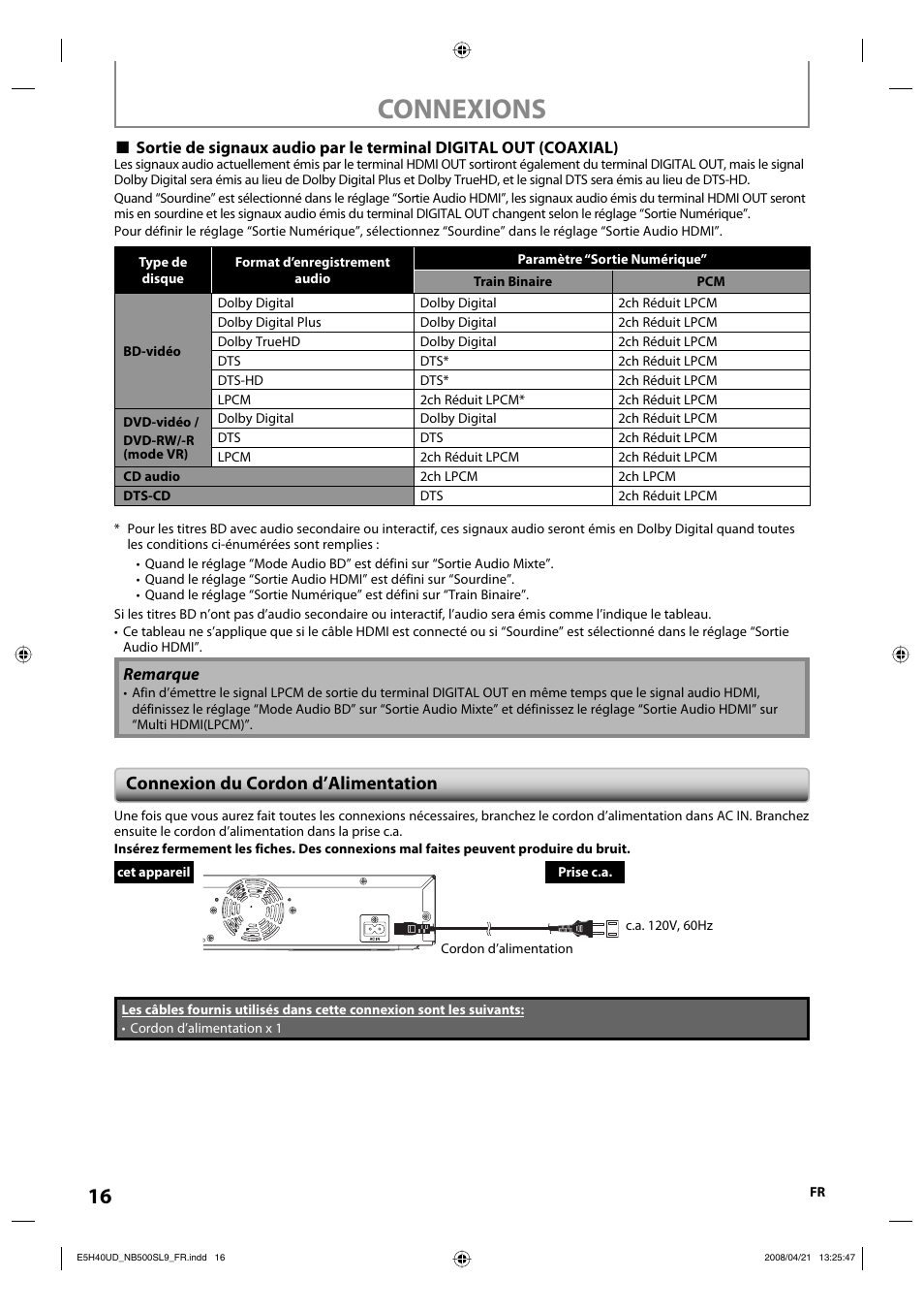 Connexions, Connexion du cordon d’alimentation | Sylvania NB500SL9 User Manual | Page 116 / 148