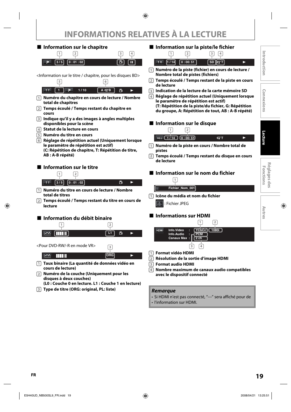 Informations relatives à la lecture, Information sur le chapitre, Information sur le titre | Information du débit binaire, Information sur la piste/le fichier, Information sur le disque, Information sur le nom du fichier, Informations sur hdmi, Remarque | Sylvania NB500SL9 User Manual | Page 119 / 148