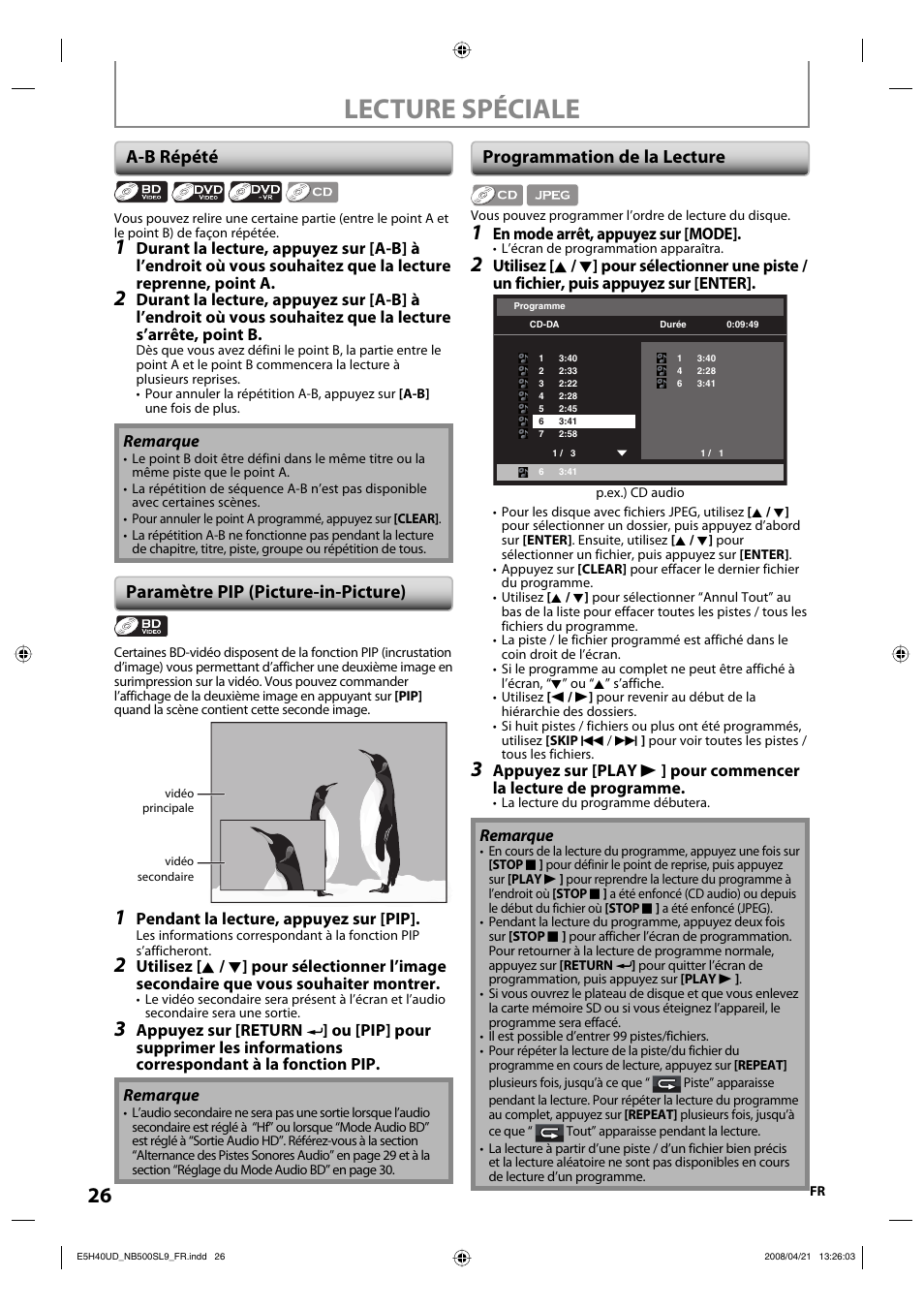 Lecture spéciale, A-b répété, Paramètre pip (picture-in-picture) | Programmation de la lecture | Sylvania NB500SL9 User Manual | Page 126 / 148