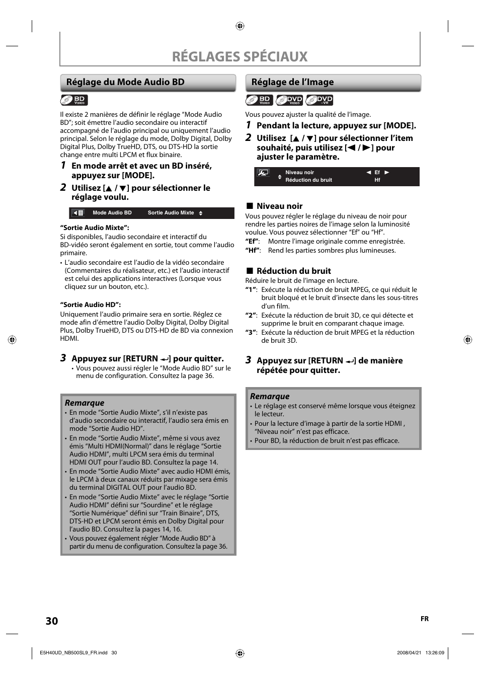 Réglages spéciaux, Réglage du mode audio bd, Réglage de l’image | Sylvania NB500SL9 User Manual | Page 130 / 148