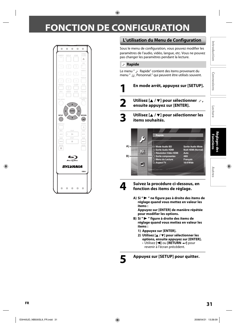 Fonction de configuration, L’utilisation du menu de configuration | Sylvania NB500SL9 User Manual | Page 131 / 148