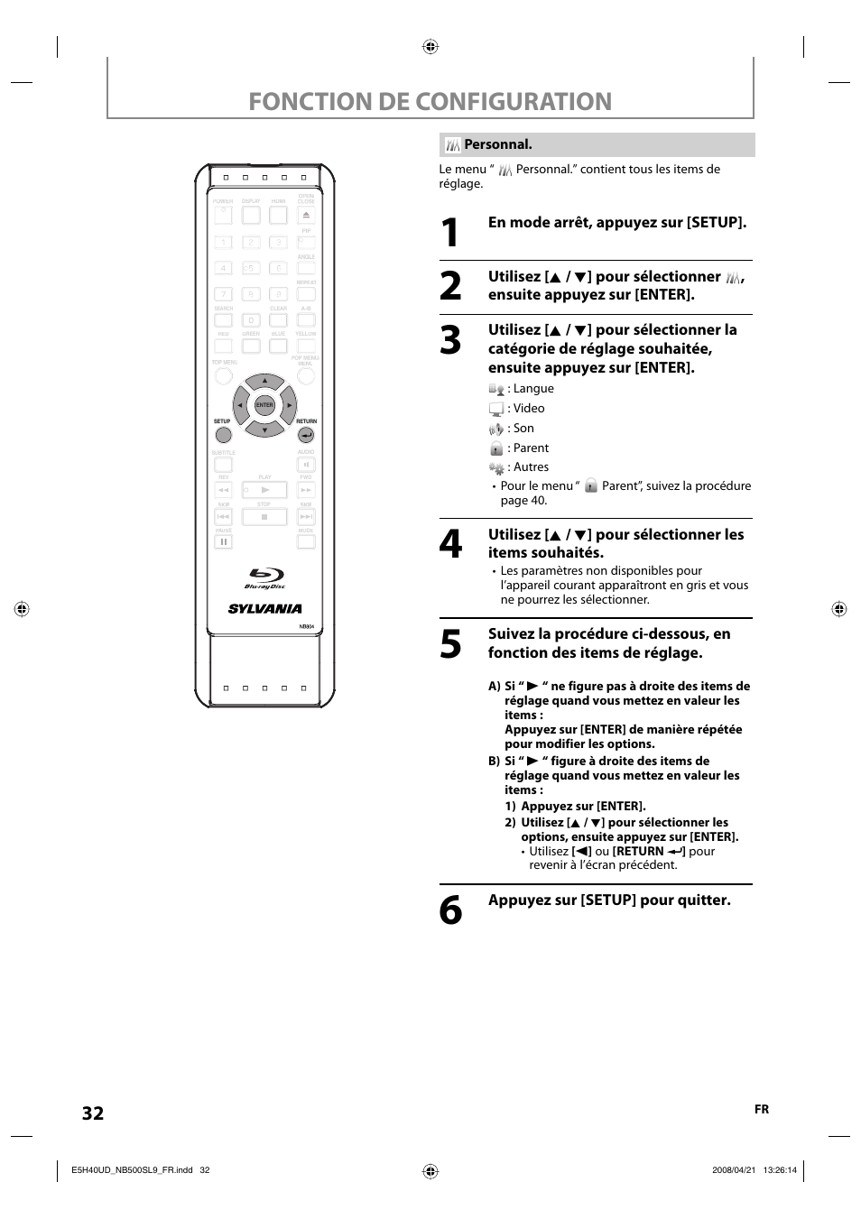 Fonction de configuration | Sylvania NB500SL9 User Manual | Page 132 / 148